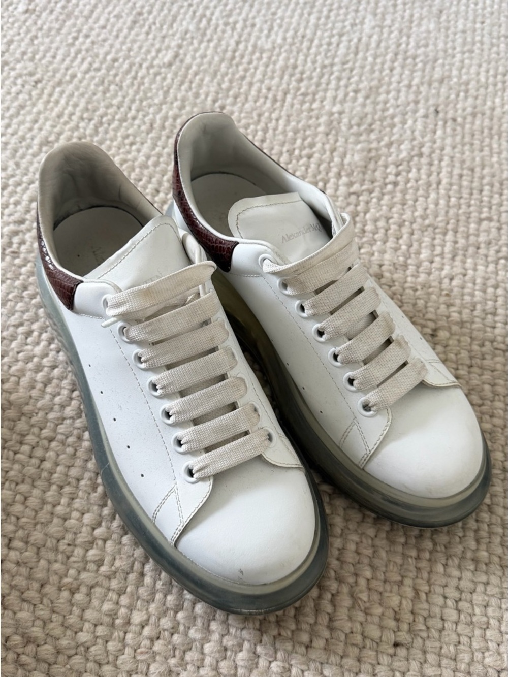 Alexander McQueen White Leather Sneakers with Burgundy Heel Tab